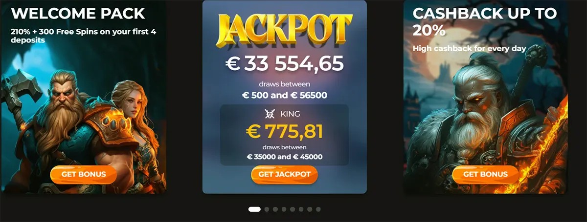Three casino promo cards: Welcome Pack, Jackpot (€33,554.65), and Cashback up to 20%, each with a Get Bonus/Get Jackpot button.
