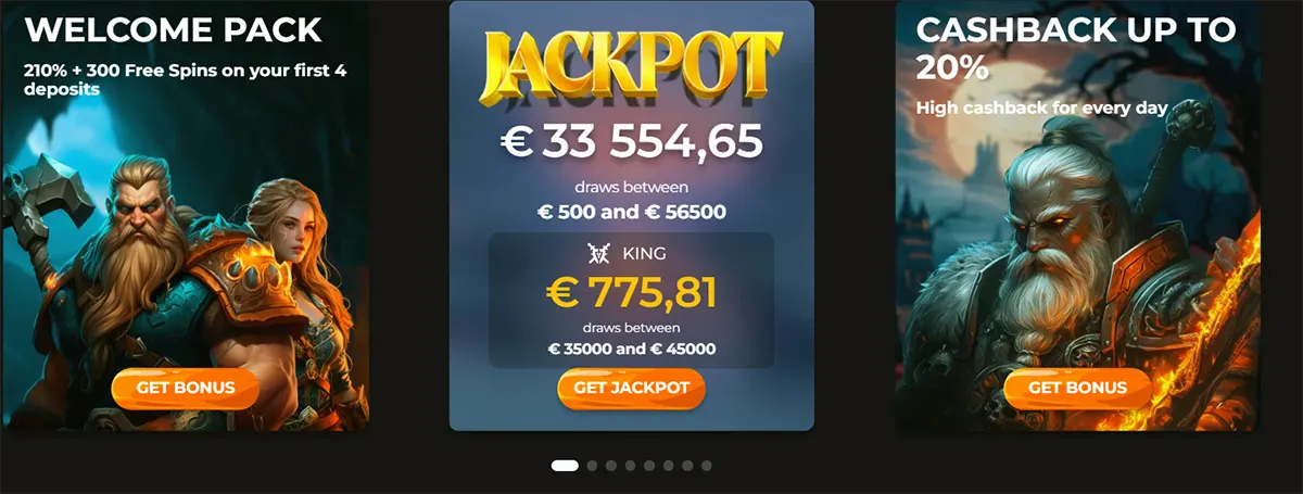Three casino promo cards: Welcome Pack, Jackpot (€33,554.65), and Cashback up to 20%, each with a Get Bonus/Get Jackpot button.