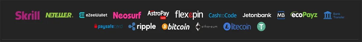 Payment methods shown: Skrill, Neteller, eZeeWallet, Neosurf, AstroPay, Flexepin, CashtoCode, Jetonbank, ecoPayz, MB, Bank Transfer, Paysafecard, Ripple, Bitcoin, Ethereum, Litecoin, and Tether (USDT).